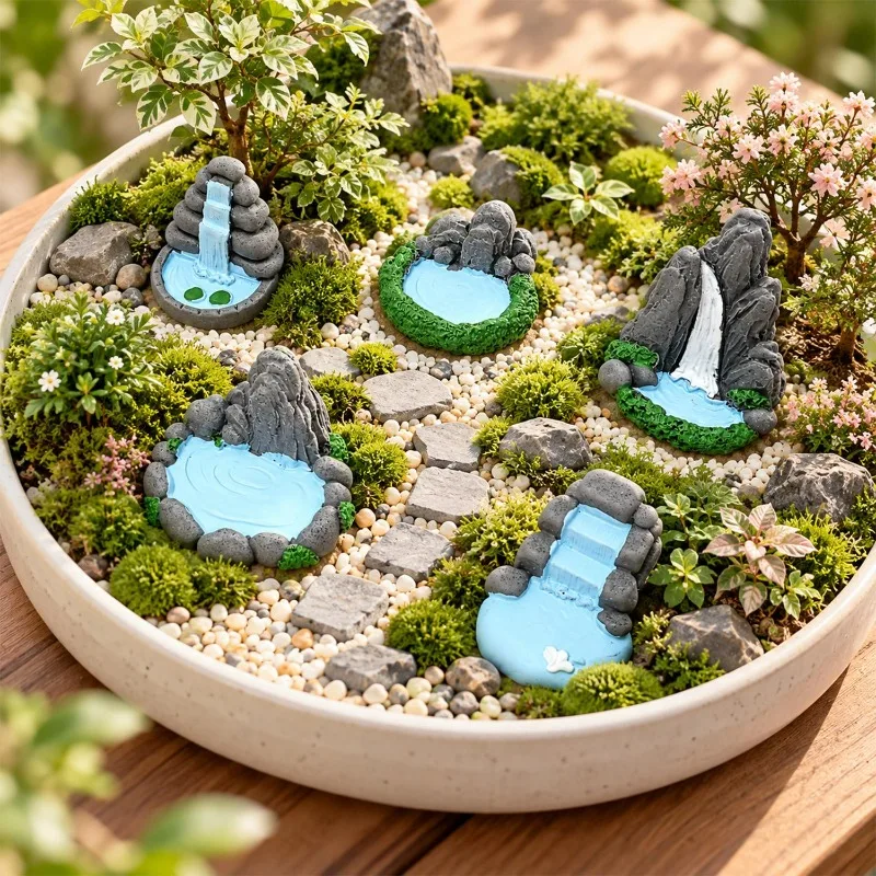 Mini Resin Rockery Landscape Mountain Ponds Ornament Fake Stone Artificial Hill Toys Fairy Garden Water Well Bridge Miniatures