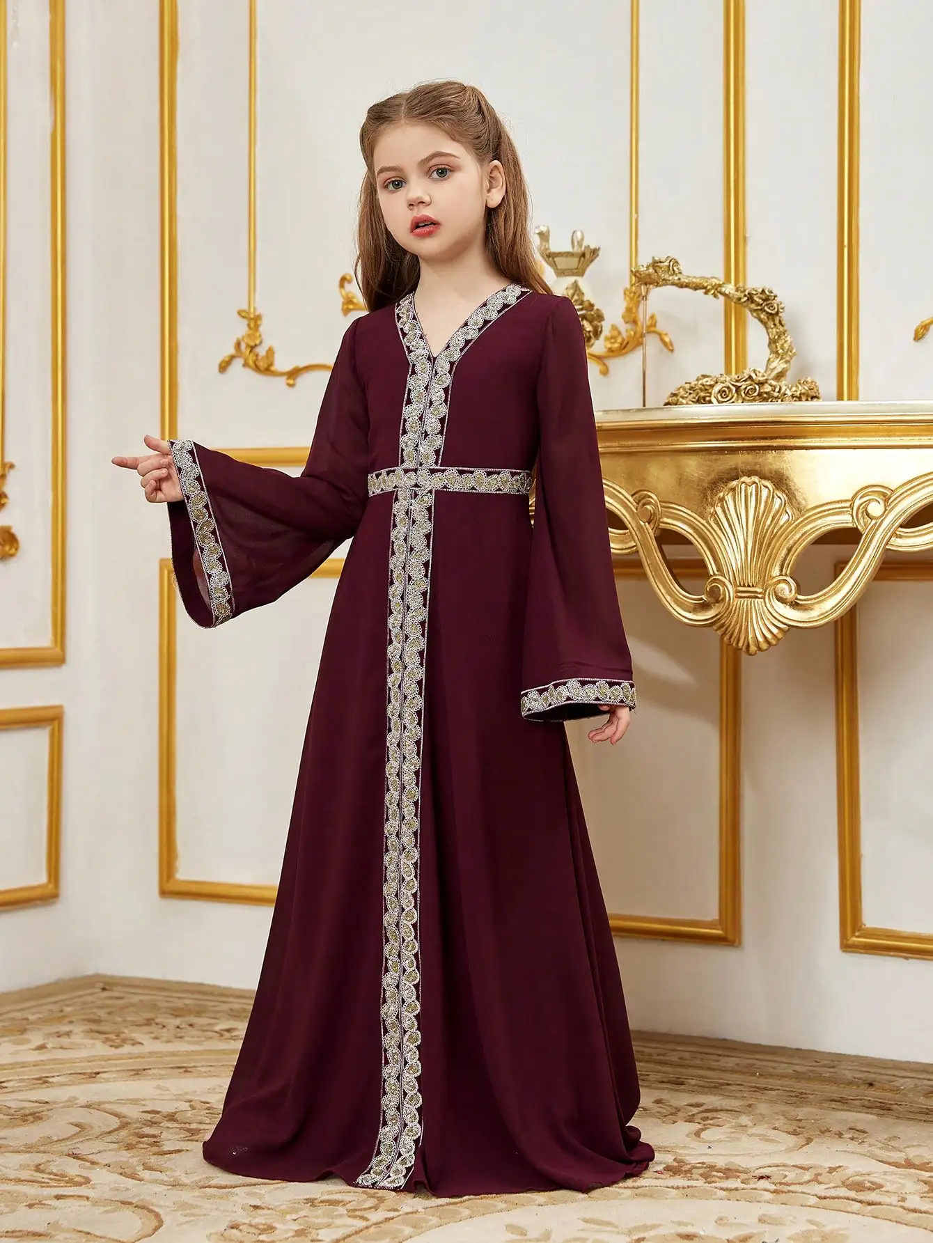 Flare Sleeve Patchwork Ribbon & Chiffon Party Dress,V-Neck Long Sleeve Color Block Knit Dress with Lace Decoration