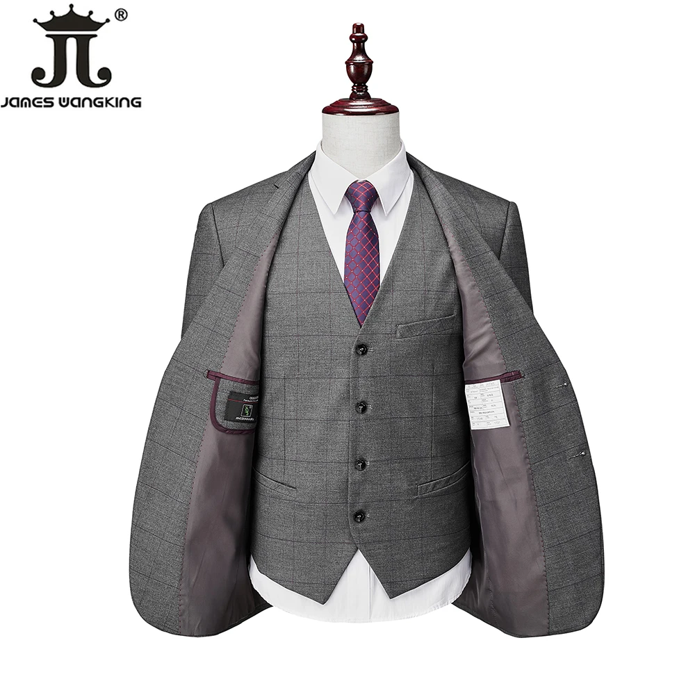 (Blazer+Vest+Pants) High-end Brand Men\'s Formal Business Checked Suit 3-piece Set Groom Wedding Dress Party Host Grid Gray Suit