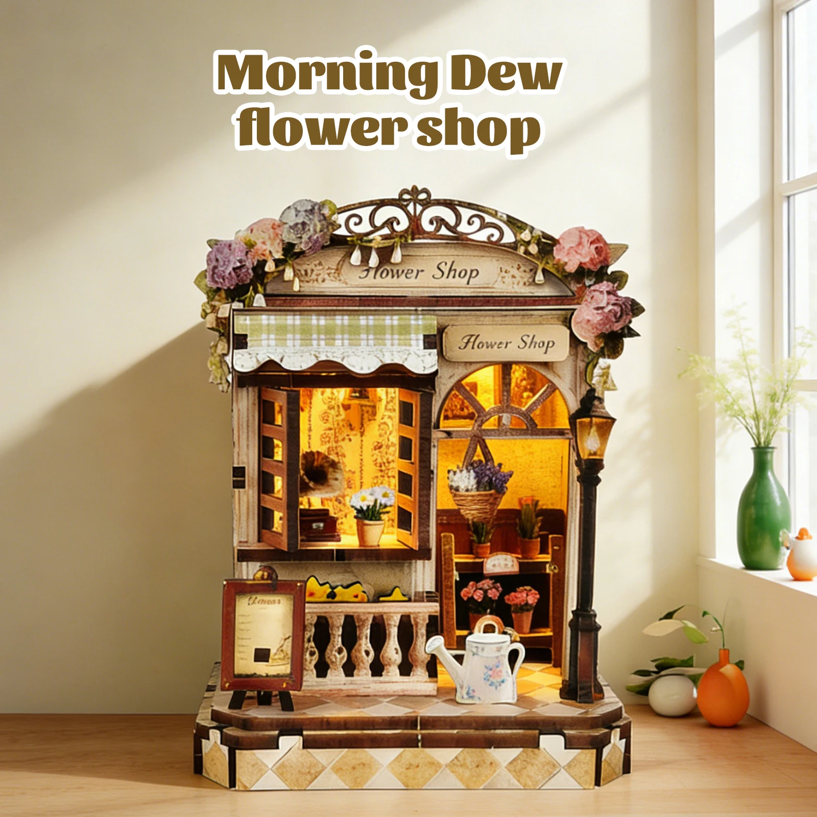 

3D деревянный пазл для взрослых «Утренняя роса»: книжный уголок-флористика с подсветкой, набор для сборки, миниатюрный домик своими руками, подарок на день рождения и Рождество