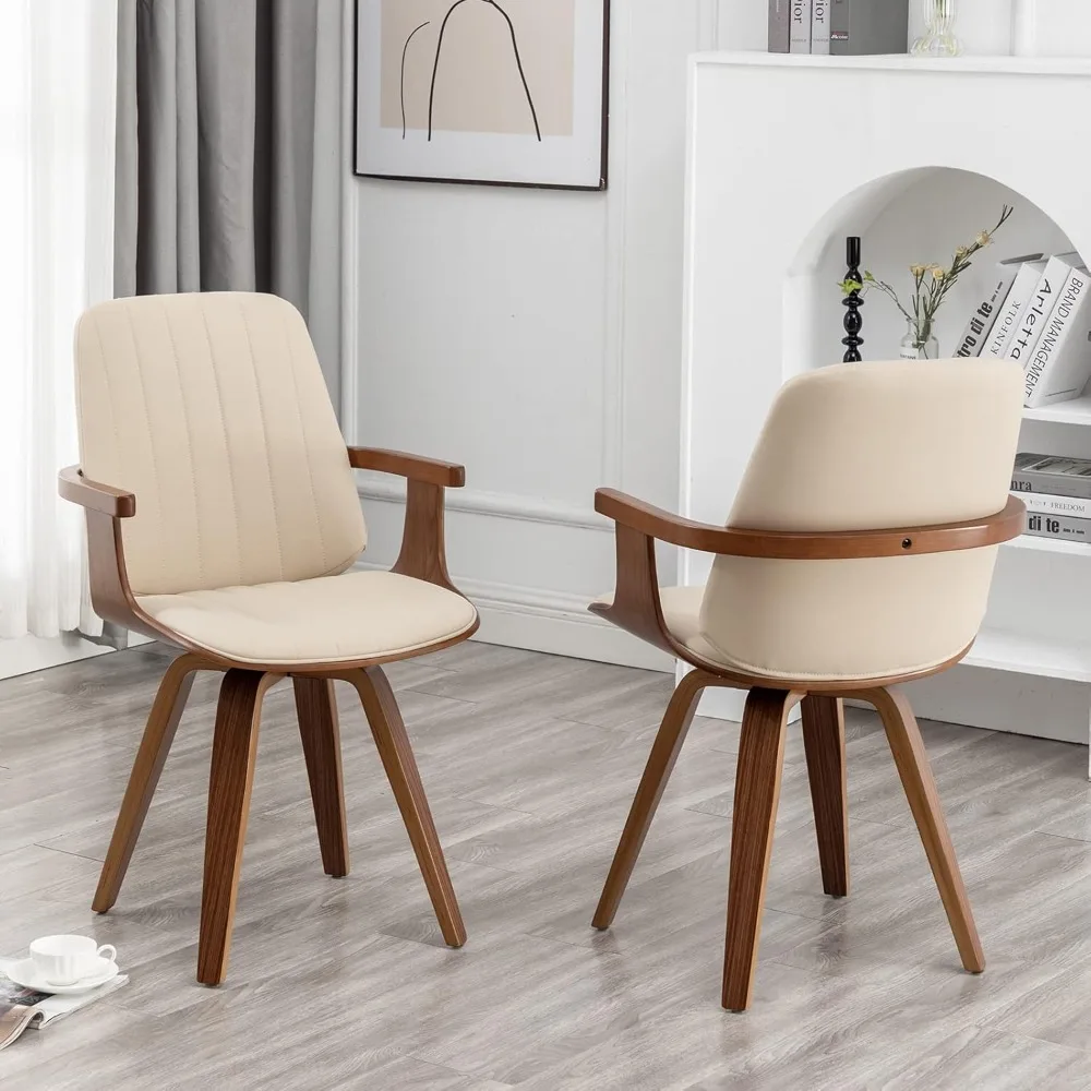 Mid-Century Modern Dining Room Chairs (Set of 2), Wooden Armrests and Legs, 360 Degree Swivel (Beige)