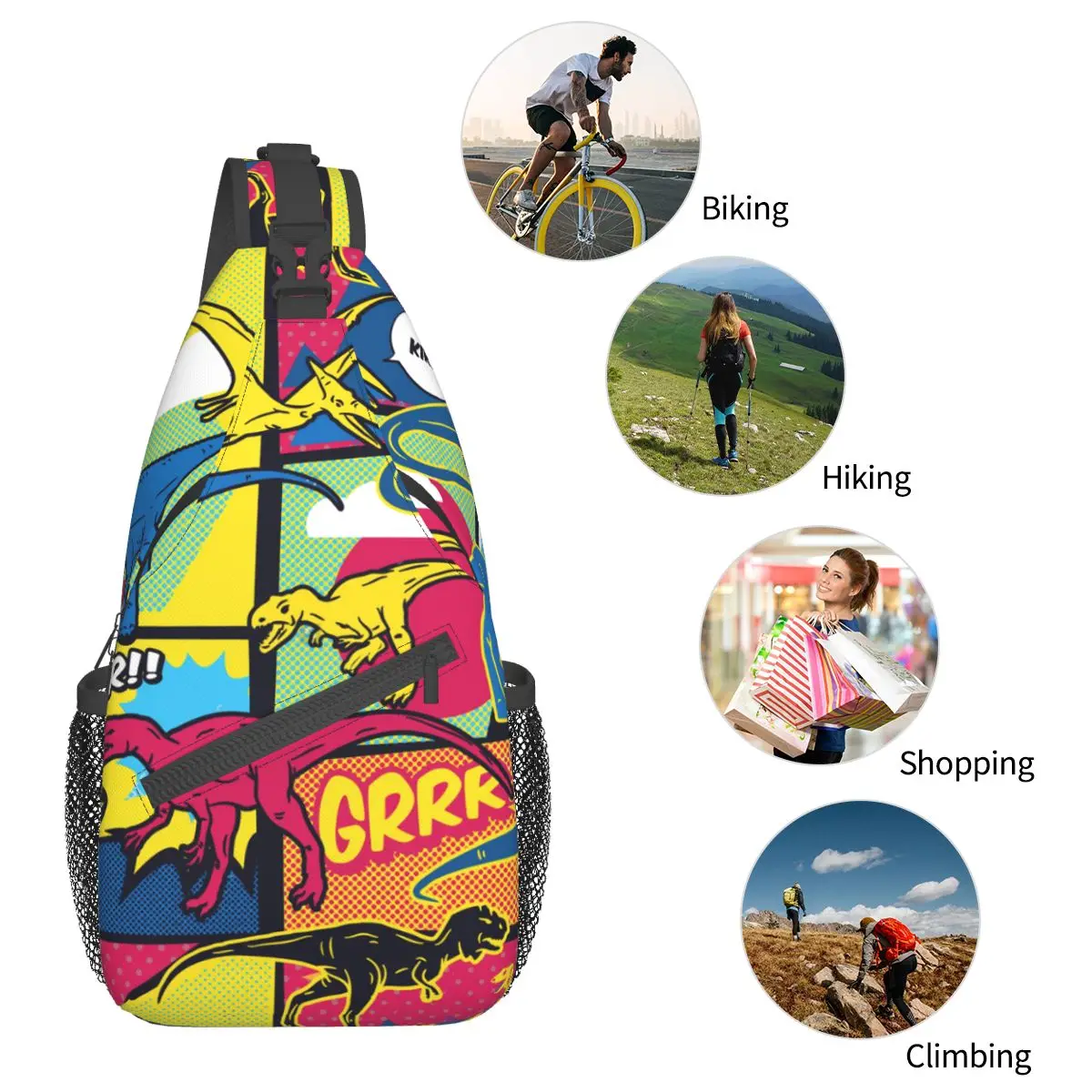 Dinozaur Crossbody torba sportowa dinozaury komiks Pop Art styl torba na klatkę piersiowa Unisex kobiety moda męska plecaki na ramię podróży