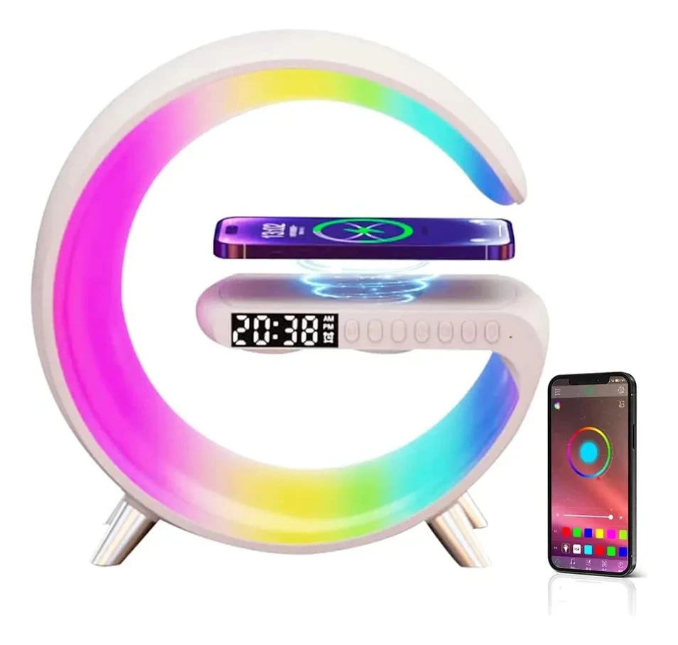 

Wireless charging Bluetooth speaker with big G ambient light, alarm clock, night light, creative desk lamp, gift