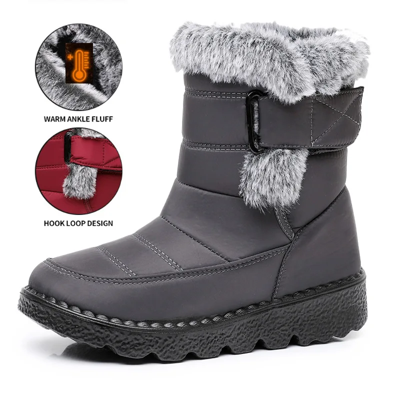 Women Waterproof Snow Boots Thick Fleece Lined Magic Tape Non Slip Sole Winter Warm Mid Calf Outdoor Boots