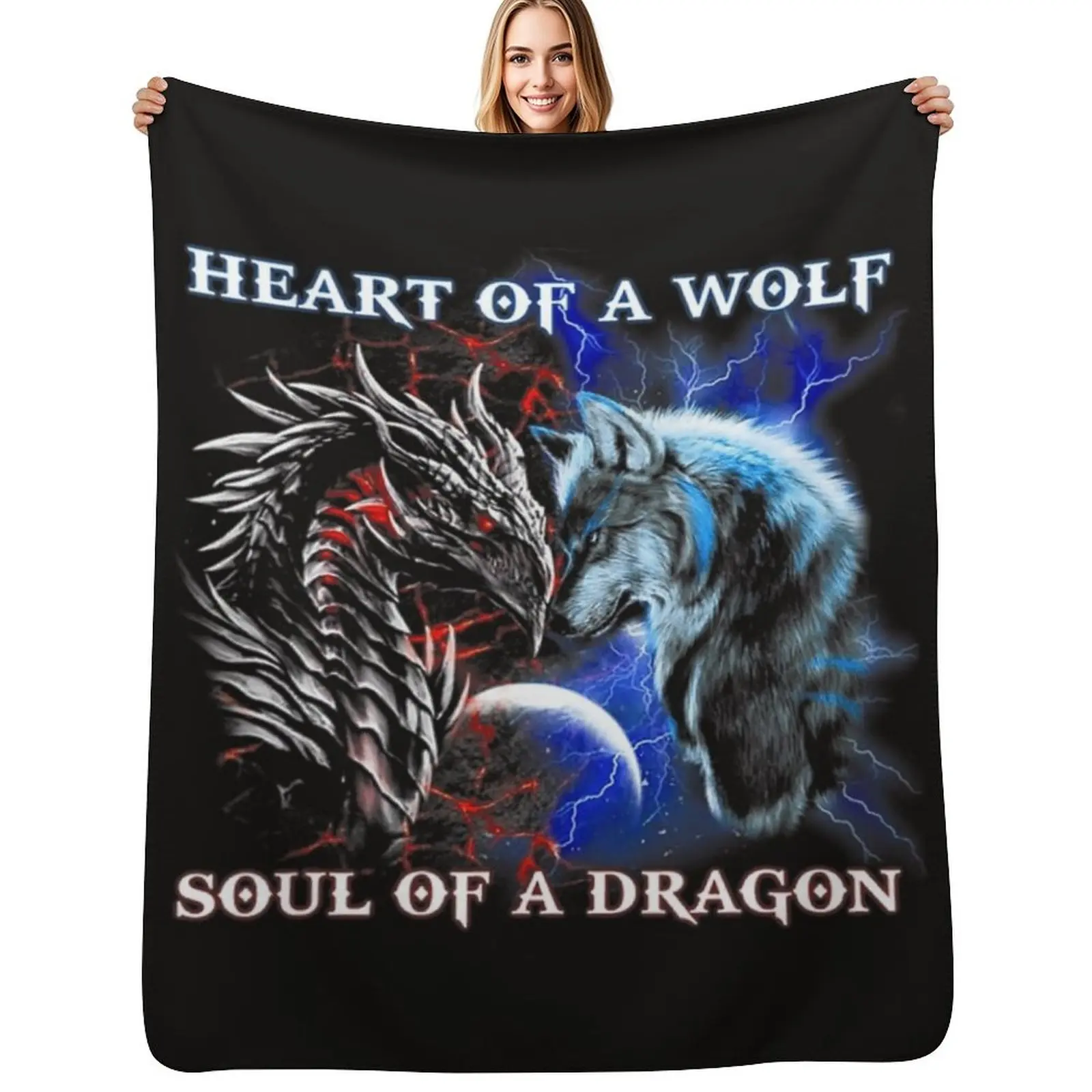 Heart Of Wolf Soul Of A Dragon - Cool Dragon - Wolf Warrior Throw Blanket Soft Cozy Blanket for Pet Kids Adults