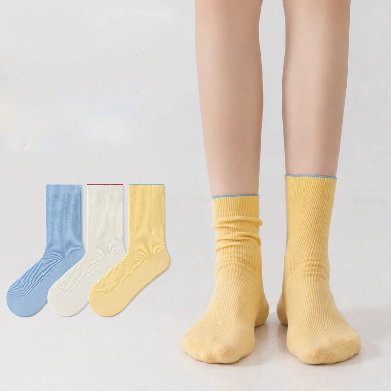 Women's Simple Candy Color Double Needle Slouch Socks Breathable Sweat Absorbent Skin Friendly Versatile Casual Socks