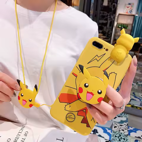 Pokemon Pikachu Phone Case With Holder Rope For Samsung Galaxy S7 Edge S8 S9 S10 S20 S21 S22 S23 Plus Ultra S21FE Note 9 10