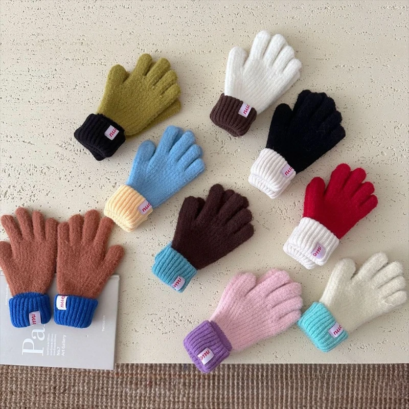 Soft Color Block Kids Gloves Korean Style Touchscreen Mittens Trendy Unisex Fingerless Gloves for Winter Warm Stretchy Gloves