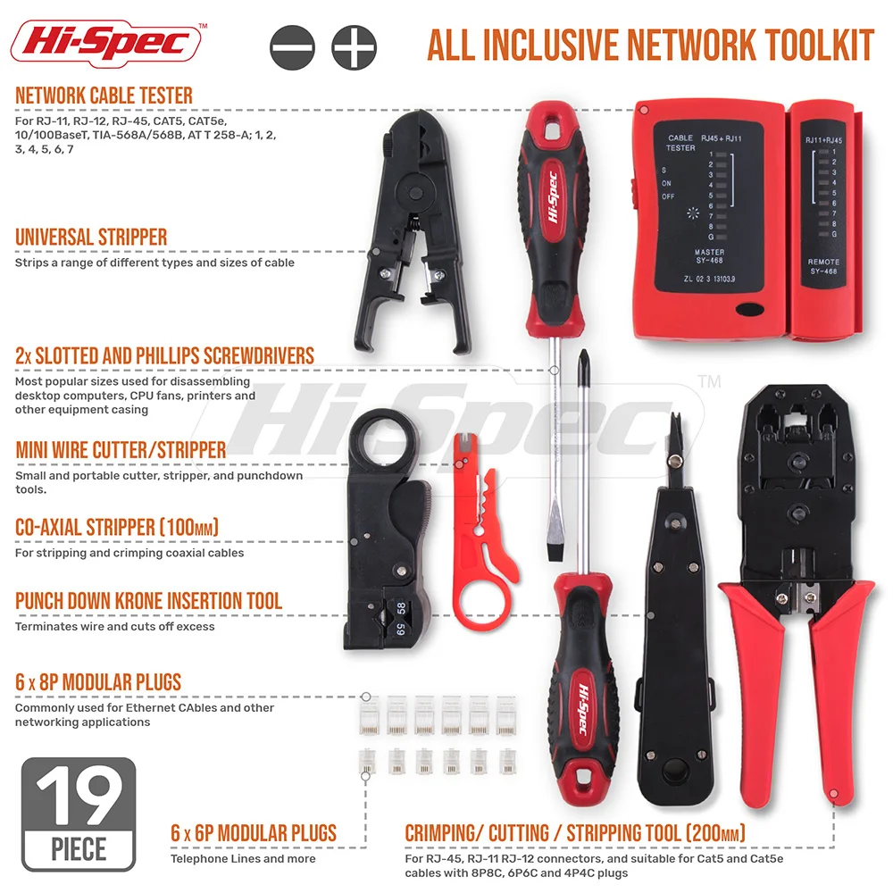 

Hi-Spec 19PCS Network Repair Tool Professional Network Cable Tester RJ45 LAN Cable Tester Crimper Crimping Stripper Cutter Kit