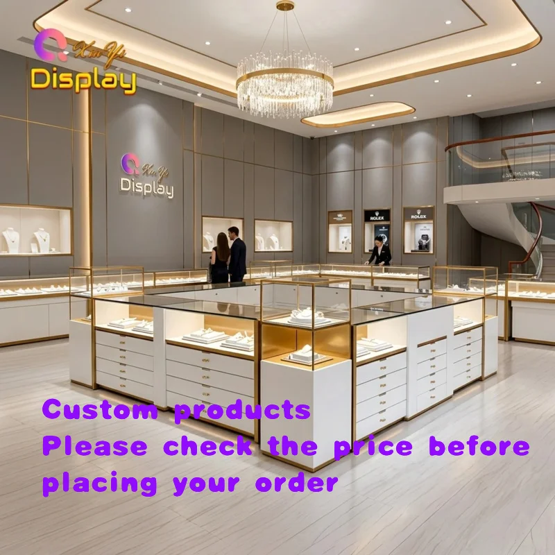 custom.Modern Customized White Lacquer LED Jewelry Display Stainless Steel Tempered Glass Security Lock Custom