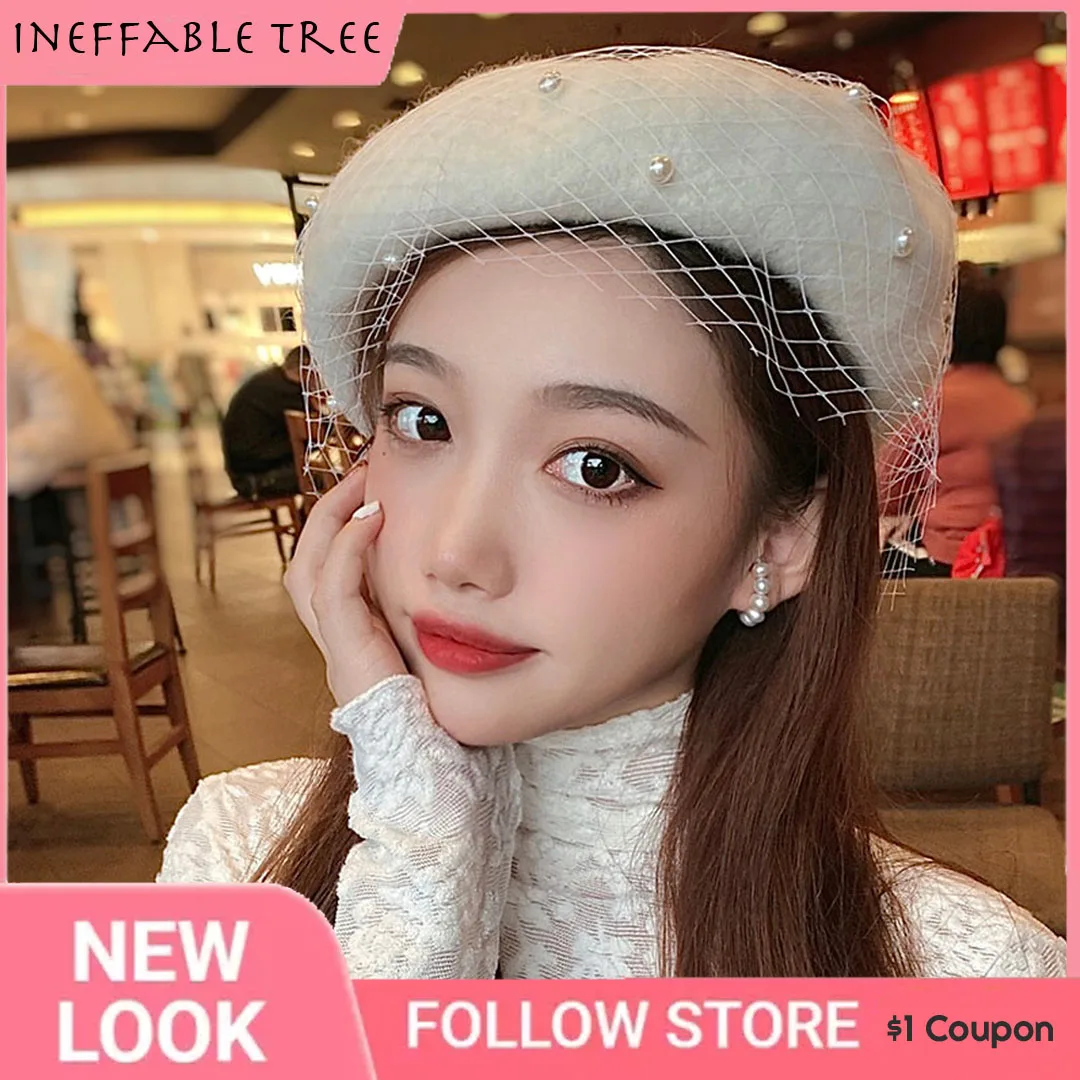 

Retro Beret British Mesh Cap Elegant Female Fedoras Mesh Bow Floral Wedding Tea Party Wool Pearl Berets Fedora Hats For Women