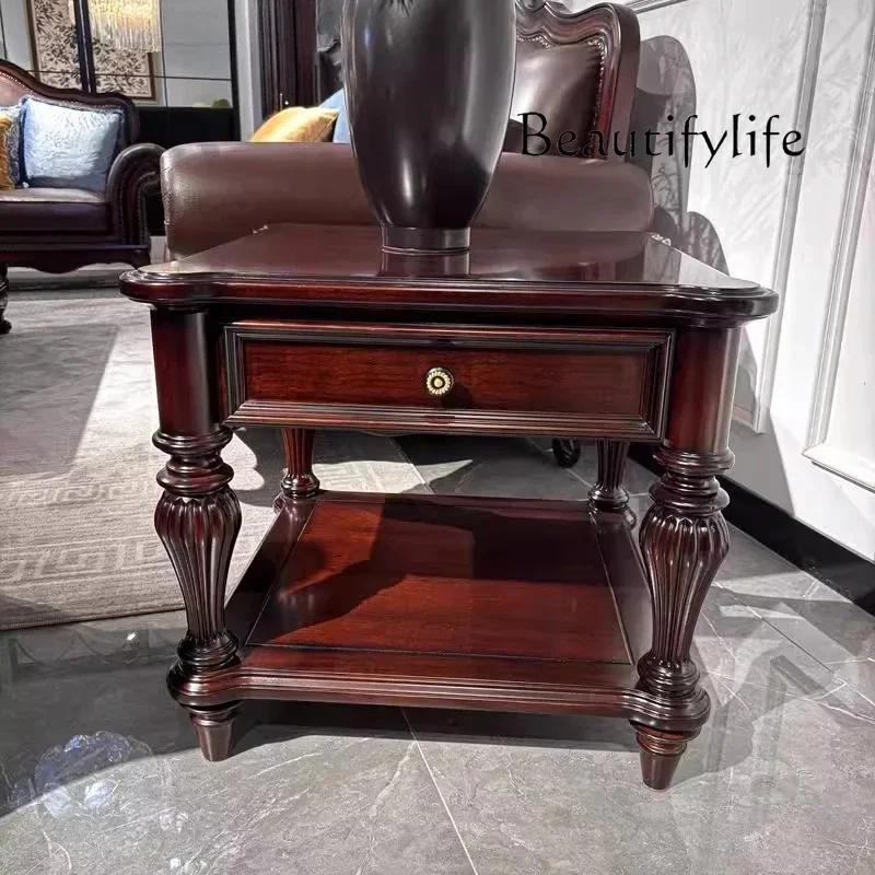 

Solid Wood Coffee Table with Drawers, Cherry Wood and Deep Walnut Storage Cabinet for Retro Light Luxury Living Room