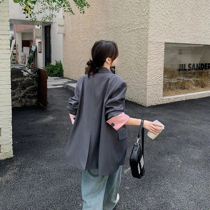 Chaqueta de traje gris para mujer, chaqueta holgada de manga larga con costuras contrastantes, prendas de vestir exteriores para primavera y otoño 2025