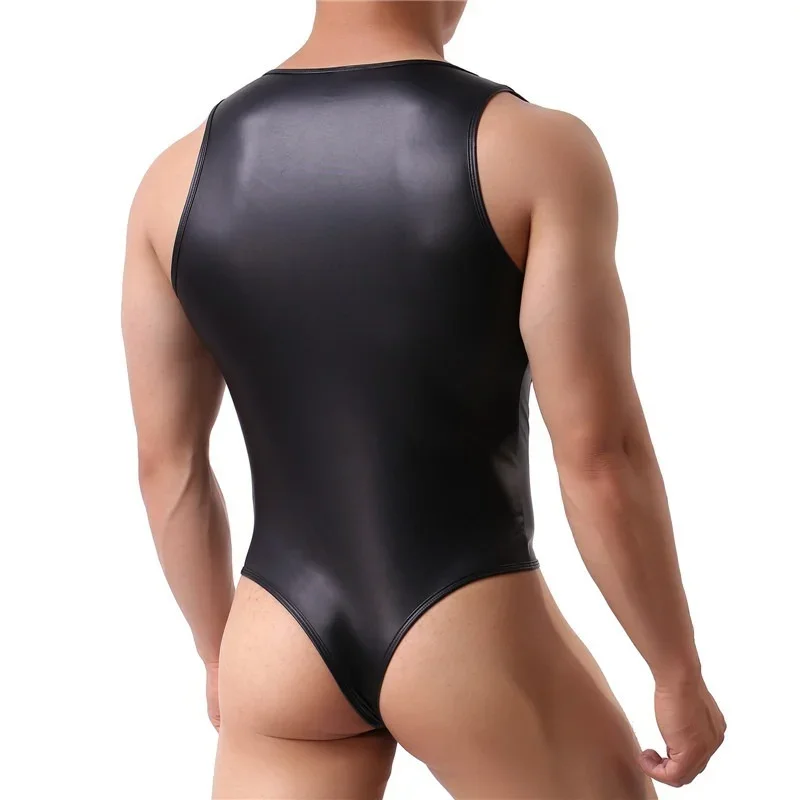 

Sexy Mens Undershirts Bodysuits Jockstrap PU Leather Jumpsuits Leotard Latex Lingerie One-piece Gay Clubwear Singlets Underwear