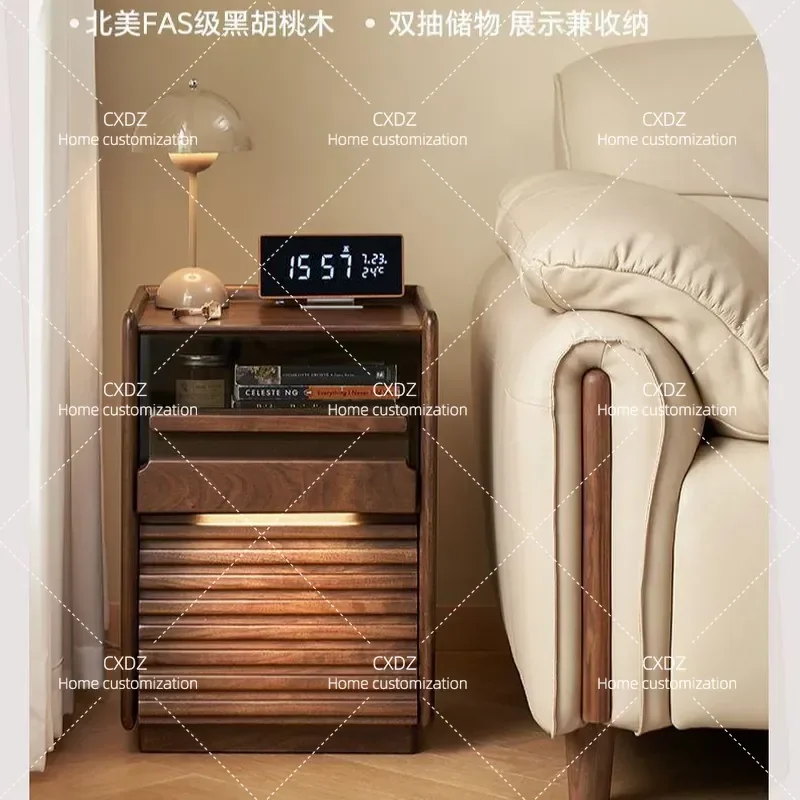 New Zealand Pine Solid Wood Side Cabinet Black Walnut Retro Multi Functional Display Cabinet Living Room Bedroom Bedside