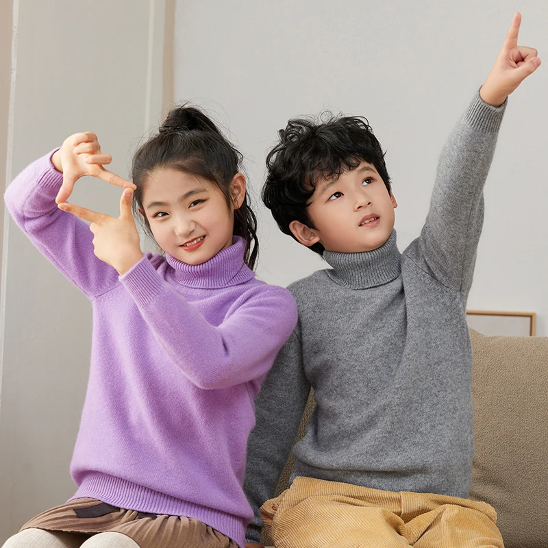 Autumn Winter Children's 100% Merino Wool Pullover Sweater Boys Girls Turtle Neck Basic Long Sleeve Cashmere Sweater Thick Warm