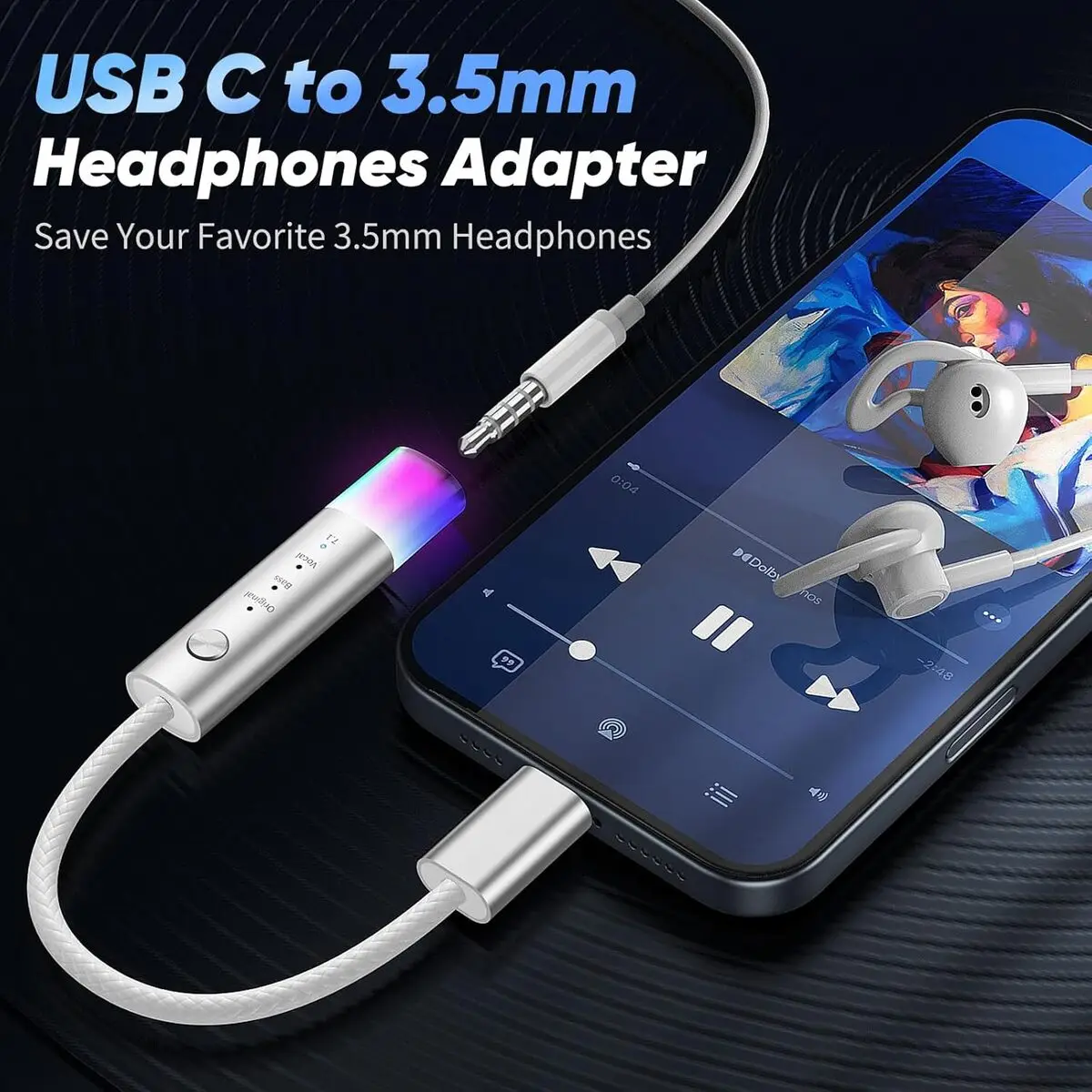 USB C to 3.5mm Headphone Amplifier HiFi DAC Audio Adapter with Bass Vocal 7.1 Surround Sound Dongle for iPhone 17/16/15 Android