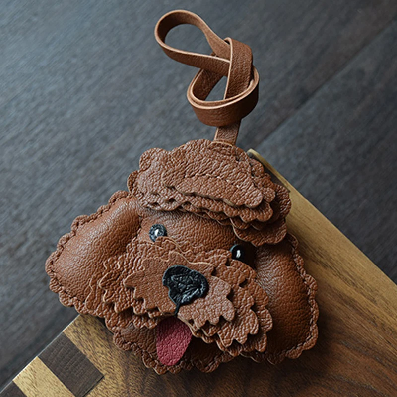 Handgefertigter Echtleder-Taschenanhänger Teddybär Schlüsselanhänger Welpen und Hunde Kleiner Pudel Schlüsselring mit Geschenkbox – Detail 2