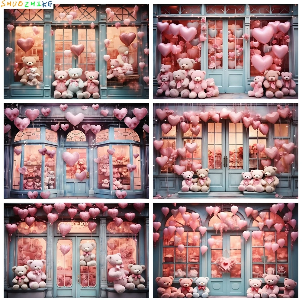 

Valentine's Day Love Store Backdrop Teddy Bear Love Heart Balloons Wedding Party Decorations Artistic Portrait Photo Background