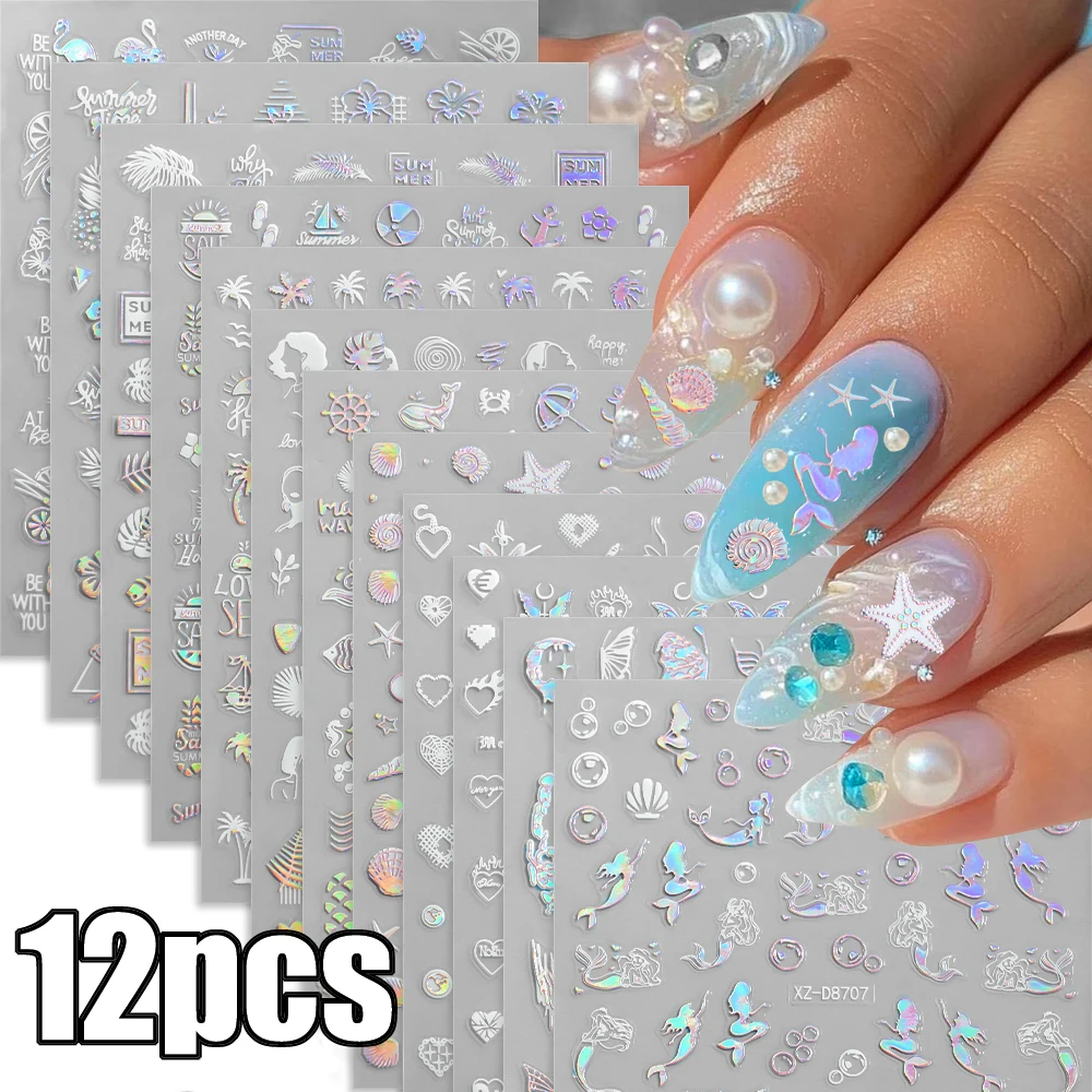 

12Pcs Aurora Mermaid Shell Butterfly Nail Stickers 10*8cm Sparkly Starfish Seashell Nail Decals 3D Summer Marine Manicure Slider