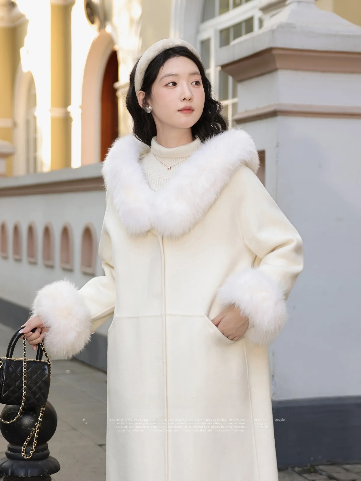 

Ele Double-Sided Woolen Coat by Lu XiangNan in Apricot Color Handmade Heavyweight Women's Faion for Winter Season