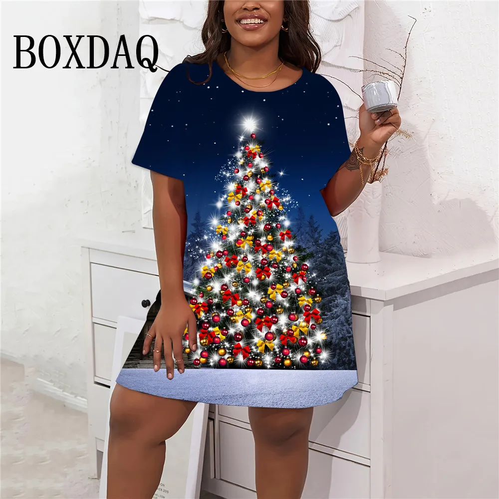 Christmas Tree Print Dress Women Casual O-Neck Short Sleeve A-Line Dress Winter Fashion Plus Size Loose Mini Dress 9XL Clothing