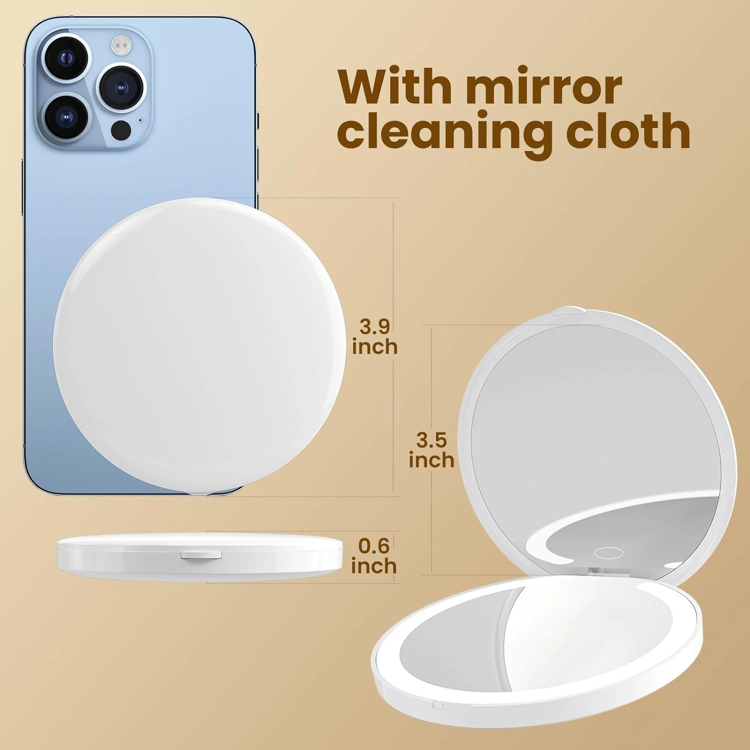 Portable Rechargeable Makeup Mirror with Touch Dimming, LED Light, Foldable Design, 1X/3X Magnification for Travel and Everyday