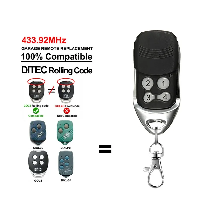 433.92MHz Rolling‑Code Garage Gate Remote Control Compatible with DITEC GOL4 BIXLG4 Replacement Key Fob