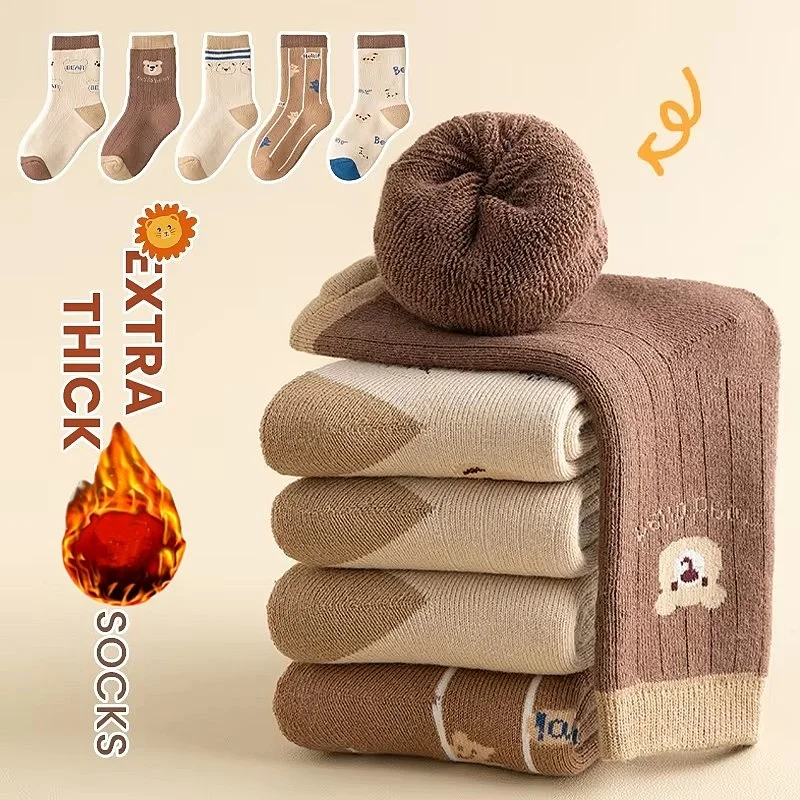 Children's Winter Socks Thick Thermal Terry Socks 5 Pairs/bag Kids Boys Thicken Cotton Socks Mid-calf Warm Socks