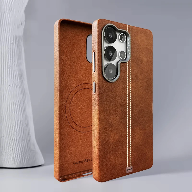 Vintage etui na telefon z ekoskóry PU z magnetycznym zamknięciem do Samsung Galaxy S25 Ultra S24 S23, metalowa ramka na obiektyw, bezprzewodowe ładowanie, odporne na wstrząsy.