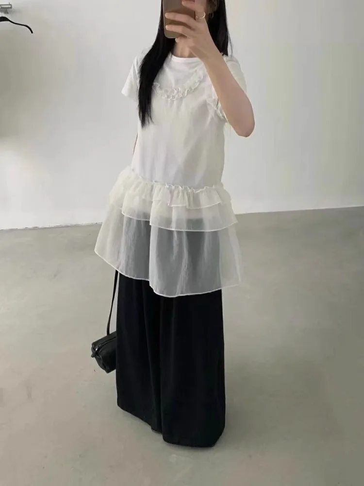 

Deeptown Korean Style Lace Tank Tops Women Y2k Fairycore White Ruffle Sleeveless Dress See-through Aesthetic Kpop Mesh Dress