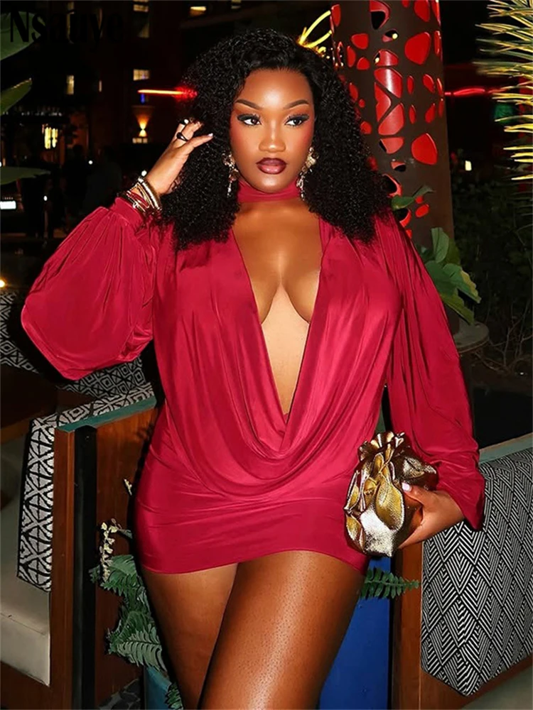 Nsauye المرأة كم طويل مثير النادي الليلي مساء حفلة فستان قصير منخفضة قطع الرسن أنيقة عطلة فساتين راقية صغيرة 2025