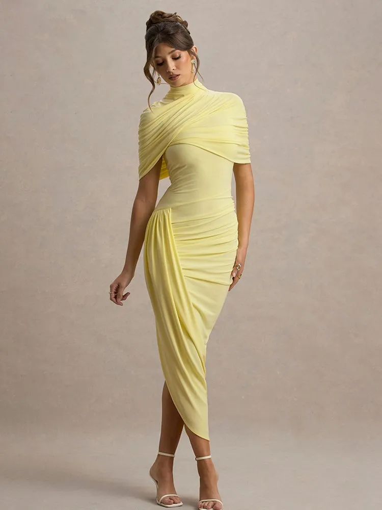 

Leisure Fashion Half Sleeve Backless Ruched Sexy Maxi Dress Women Summer New Arrival Turtleneck Slim High Waist Party Long Dress