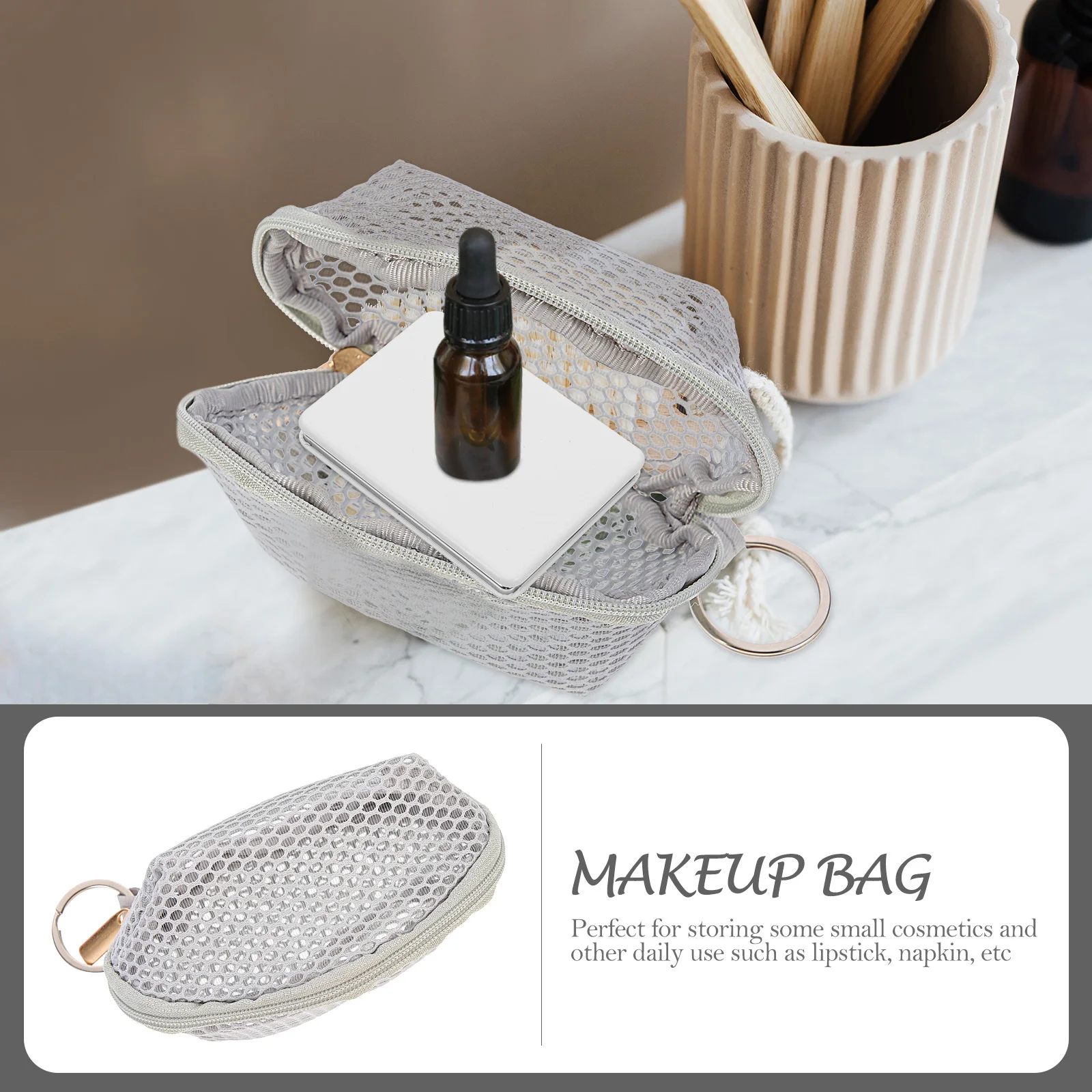 Bolsa de esponja de maquillaje de malla, Mini bolsa de maquillaje portátil con cremallera Premium, bolsa de almacenamiento de cosméticos de viaje, llavero de lápiz labial