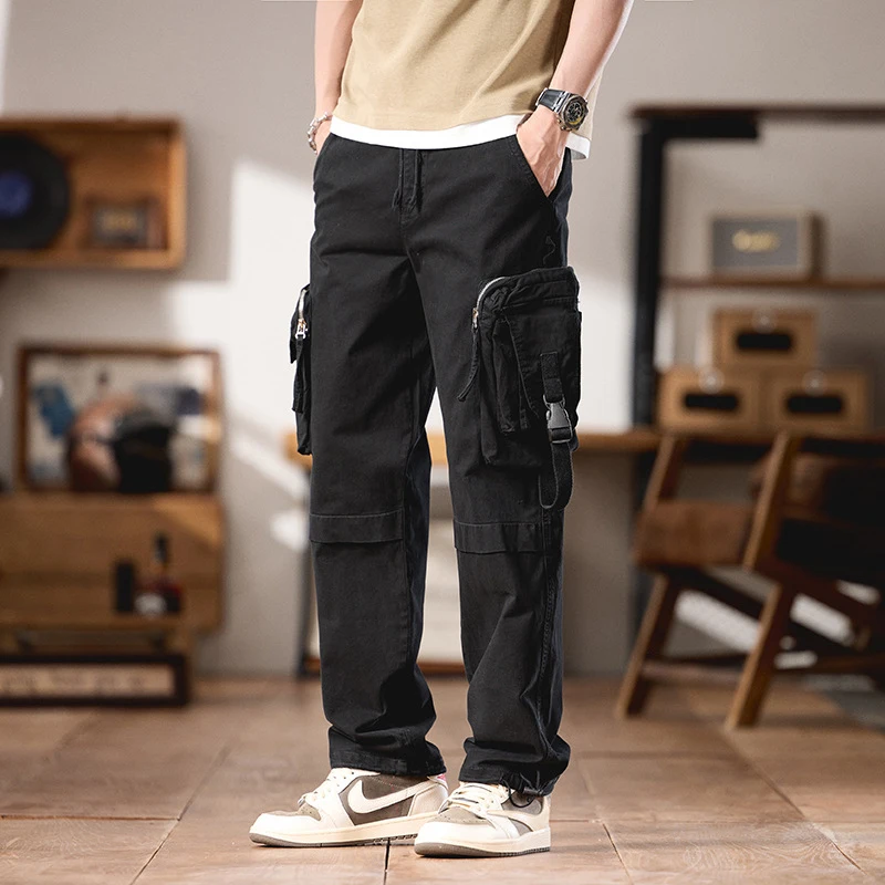 

Men's Autumn Winter Work Pants Solid Color Versatile Multi Pocket Wear-Resistant Washed Straight Leg Loose Casual Trousers