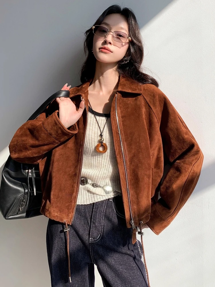Giacche vintage in vera pelle scamosciata corta per donna Autunno Inverno 2025 Cappotto in vera pelle di capra casual allentato semplice di fascia alta