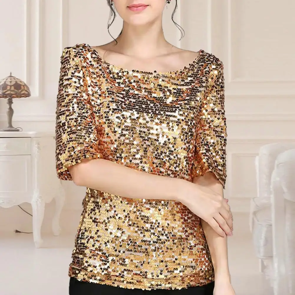 Relaxed Fit Sequin Top Women Sequin Top Stylish Women\'s Sequin Tops Sparkling Mid Sleeve Blouses for Stage Performances Daily