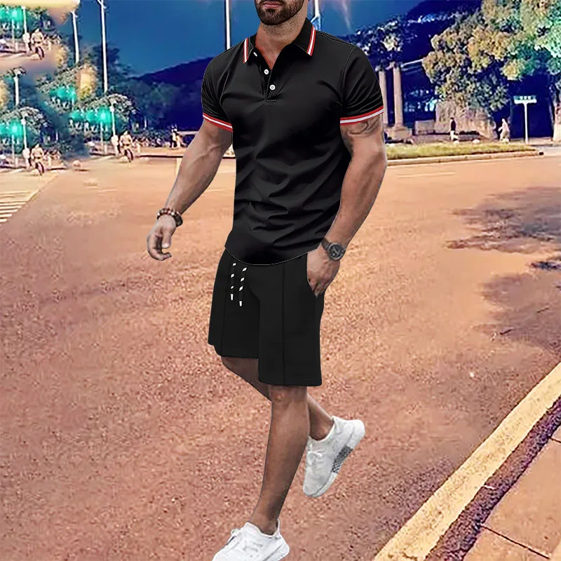 

2024 men's short sleeved set street casual sportswear summer outdoor jogging training suit, polo shirt top+ shorts 2-piece set
