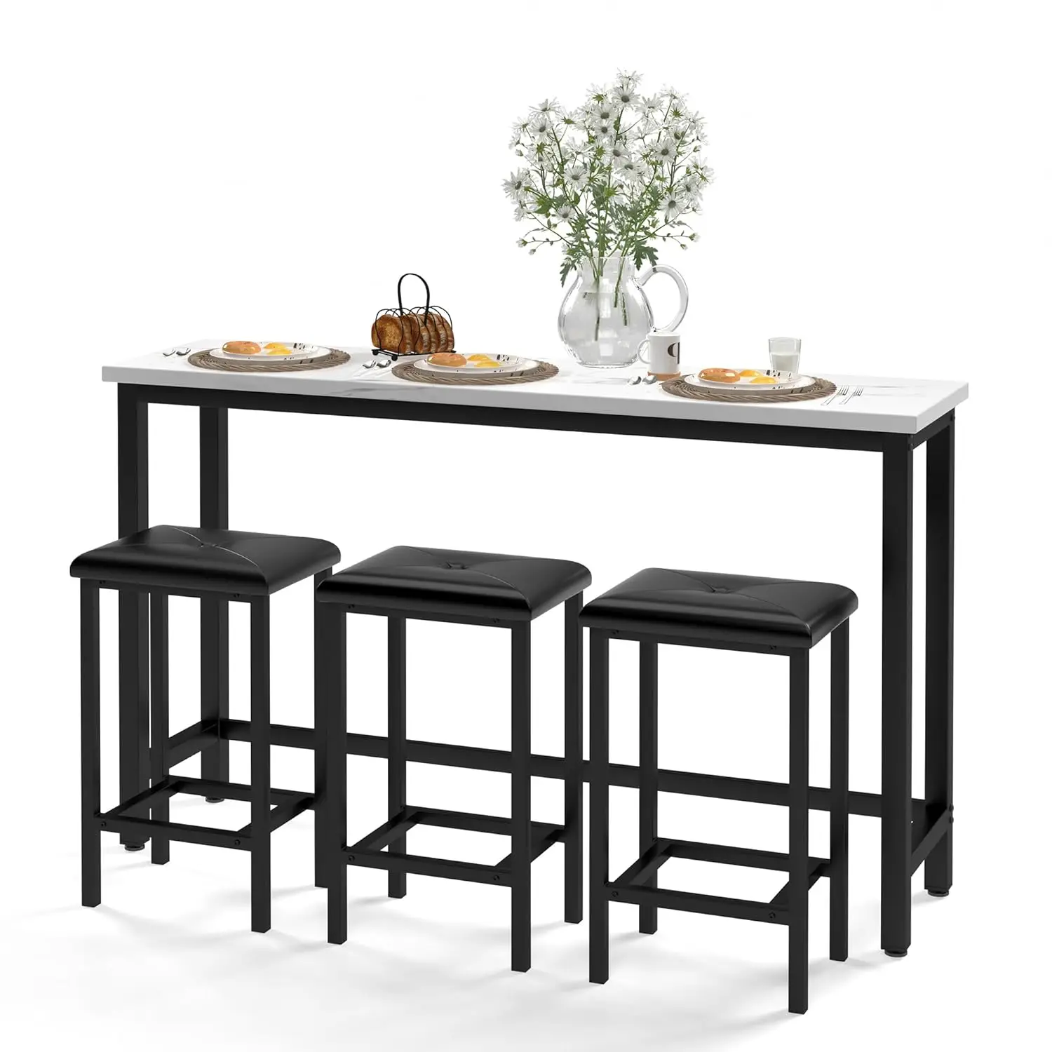 

60" Faux Marble Bar Table Set with 3 PU Stools Space-Saving for Home Apartment Small Spaces, Customized