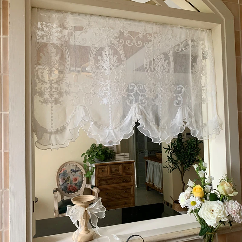 

Lace Kitchen Valances for Windows with Pearls Vintage Floral Sheer Kitchen Curtains Small Window Valance for Living Room Bedroom