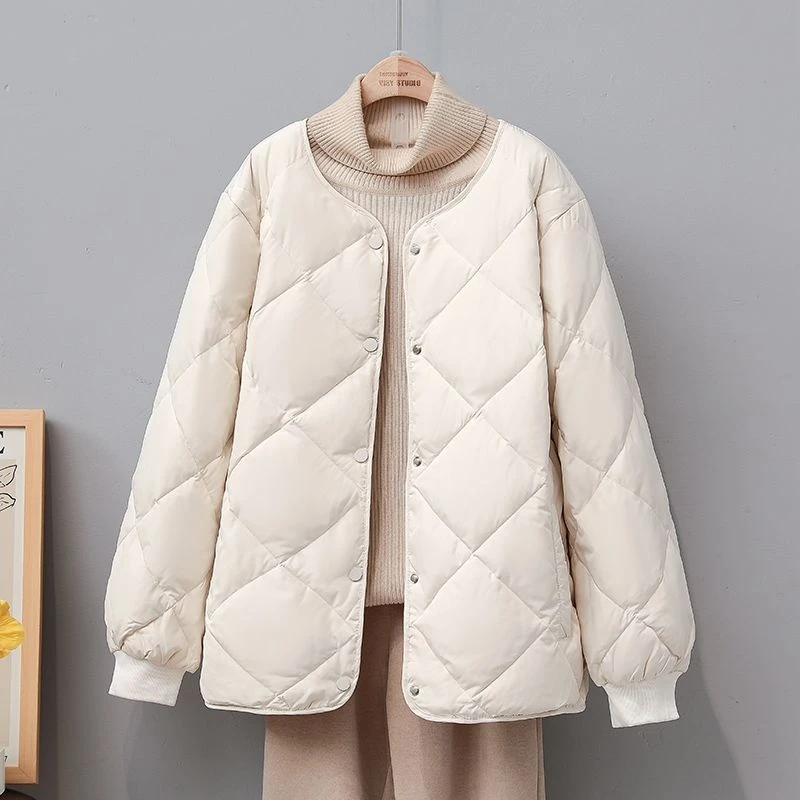 

Slim Fit White Du down Jaet Women's ort Sle Winter New Light Thin Rhombus Cardigan Outerwear Korean Version Knitted Coat