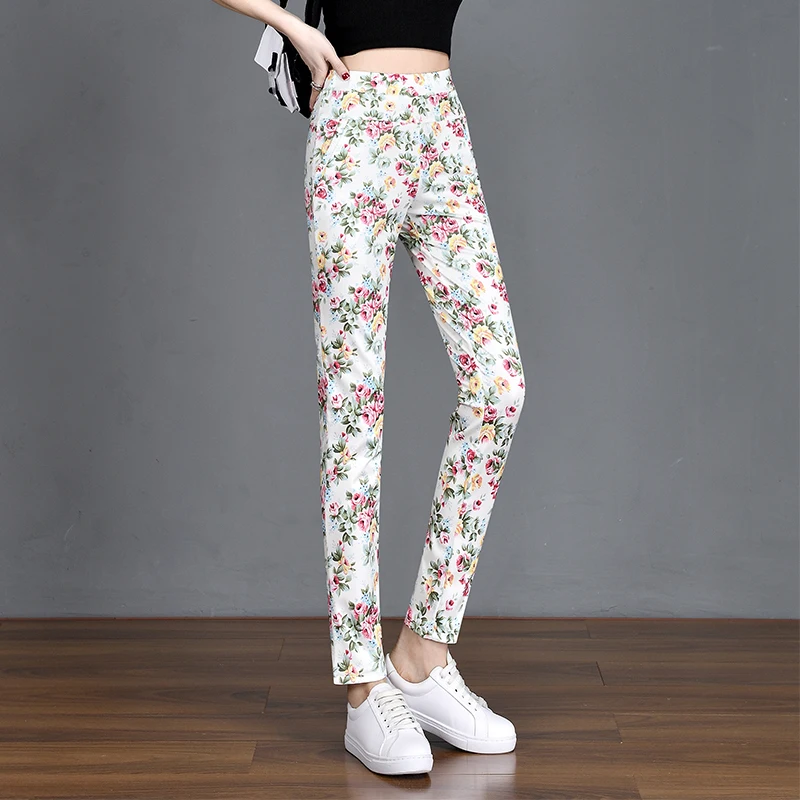 新しい春夏のファッション女性パンツスリムオールマッチ花プリントタイトなペンシルパンツ拡張ハイウエスト女性のズボン