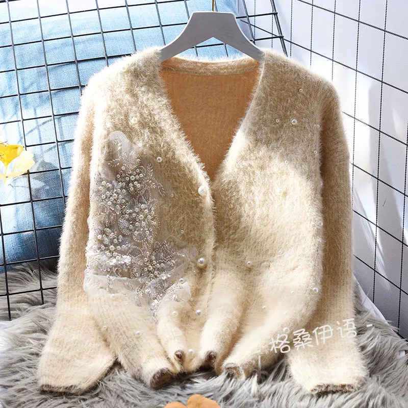 Women Floral Embroidery Pearls Beaded V-neck Mohair Sweater Coat Loose Autumn Winter Soft Mink Knitted Cardigan Short Knitwear