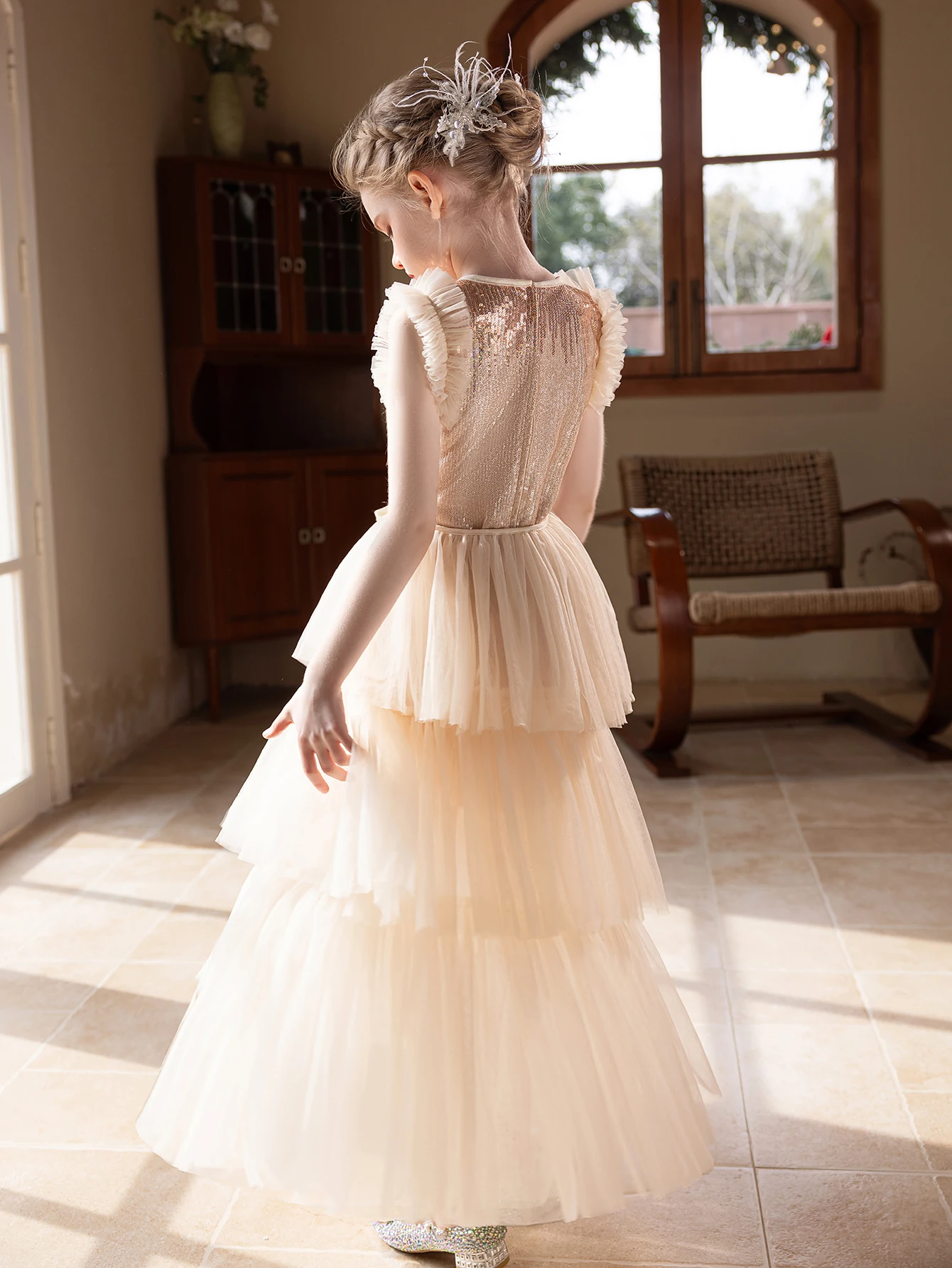 Girl party dress champagne-colored high-end dress set for birthday wedding flower girls