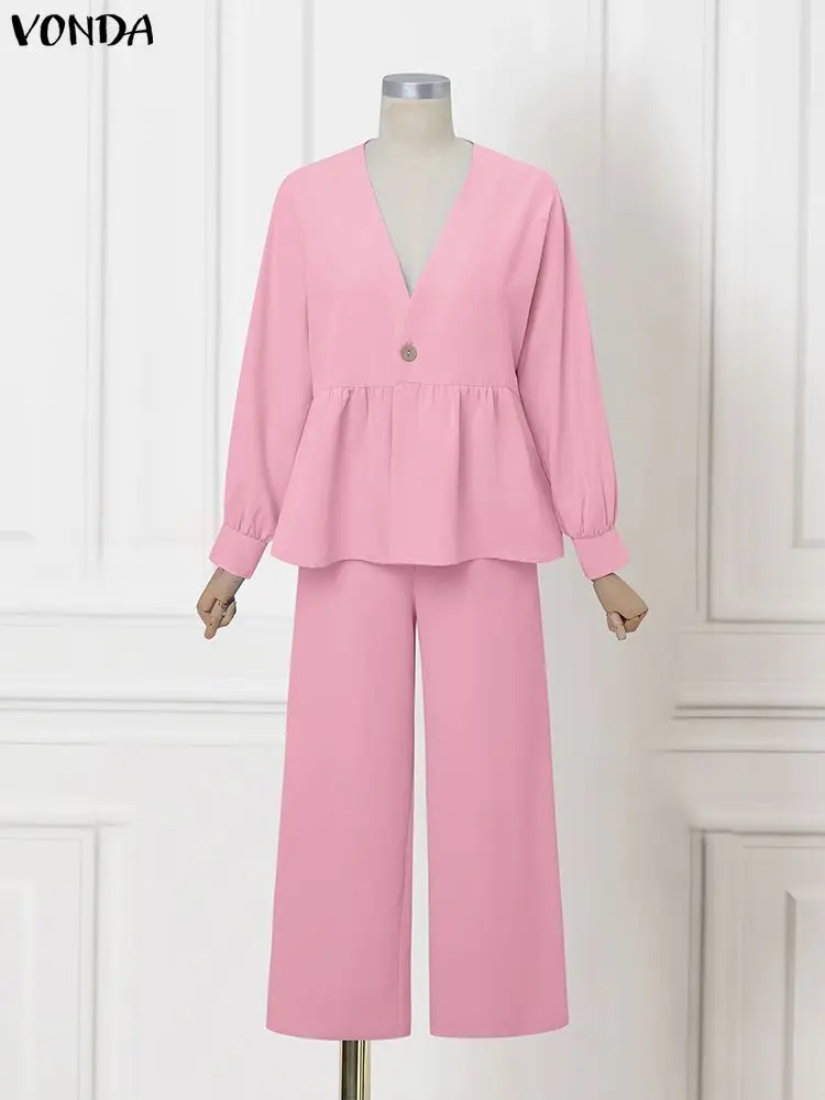 

VONDA Большие размеры 5XL Элегантные офисные женские брюки Комплекты повседневных свободных рубашек с длинными рукавами Длинные брюки с v-образным вырезом Женские костюмы Модные комплекты