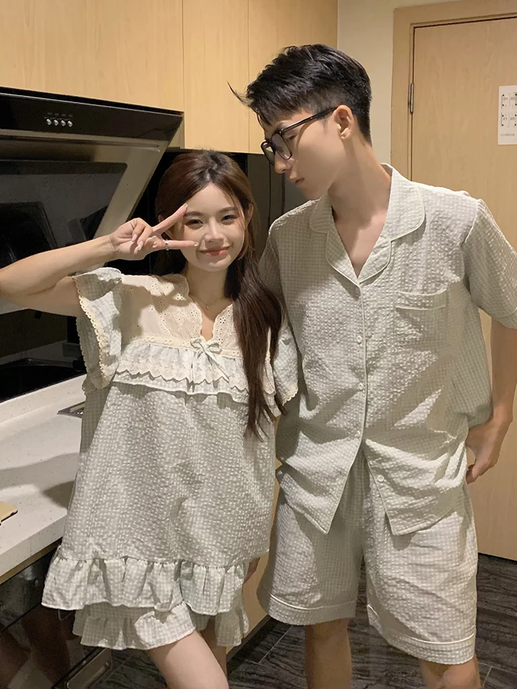 Lace Simple Plaid Solid Lovers Short Sleeved Pajama Set Kawaii Home Summer Ins Spouse Soft Plaid NightDress Women Sleep Tops