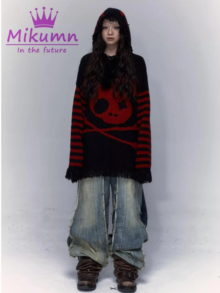 Mikumn Gothic Sweater Y2k Punk Skull Rabbit Print Hooded Loose Knitted Jumper Women Autumn Winter Streetwear Harajuku Pullover