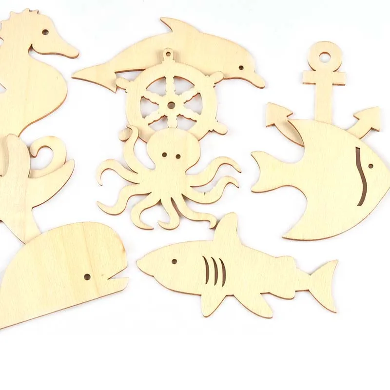 10Pcs 7-11cm Shark/Octopus/Starfish Embellishment DIY Scrapbooking Handmade Supplies Kids painted Blank wood Crafts Home Decor