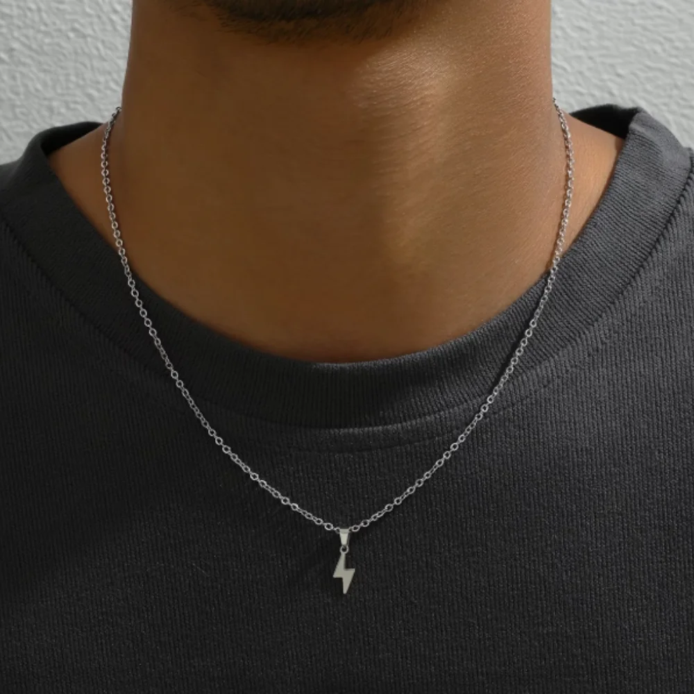 Mini Lightning Bolt Pendant Necklace, Stainless Steel Minimalist Thunder Charm Necklace, Casual Daily Fashion Jewelry for Men Bo