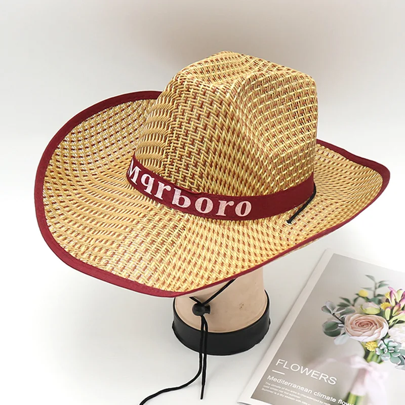 Straw Hat For Men Summer Outdoor Fishing Flat Edge Sunblock With Large Eave Shade Jazz Beach Western Cowboy Hat Sun Hat